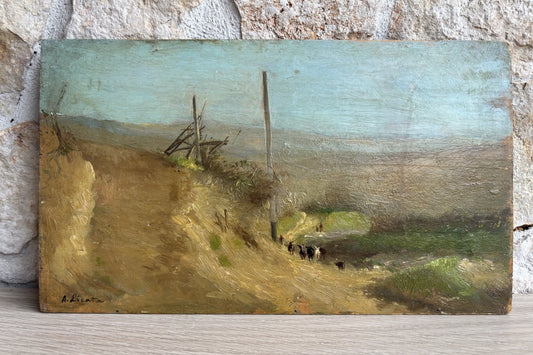 Quadro antico -Paesaggio Con Gregge- Augusto Licata dipinto a olio su tavola