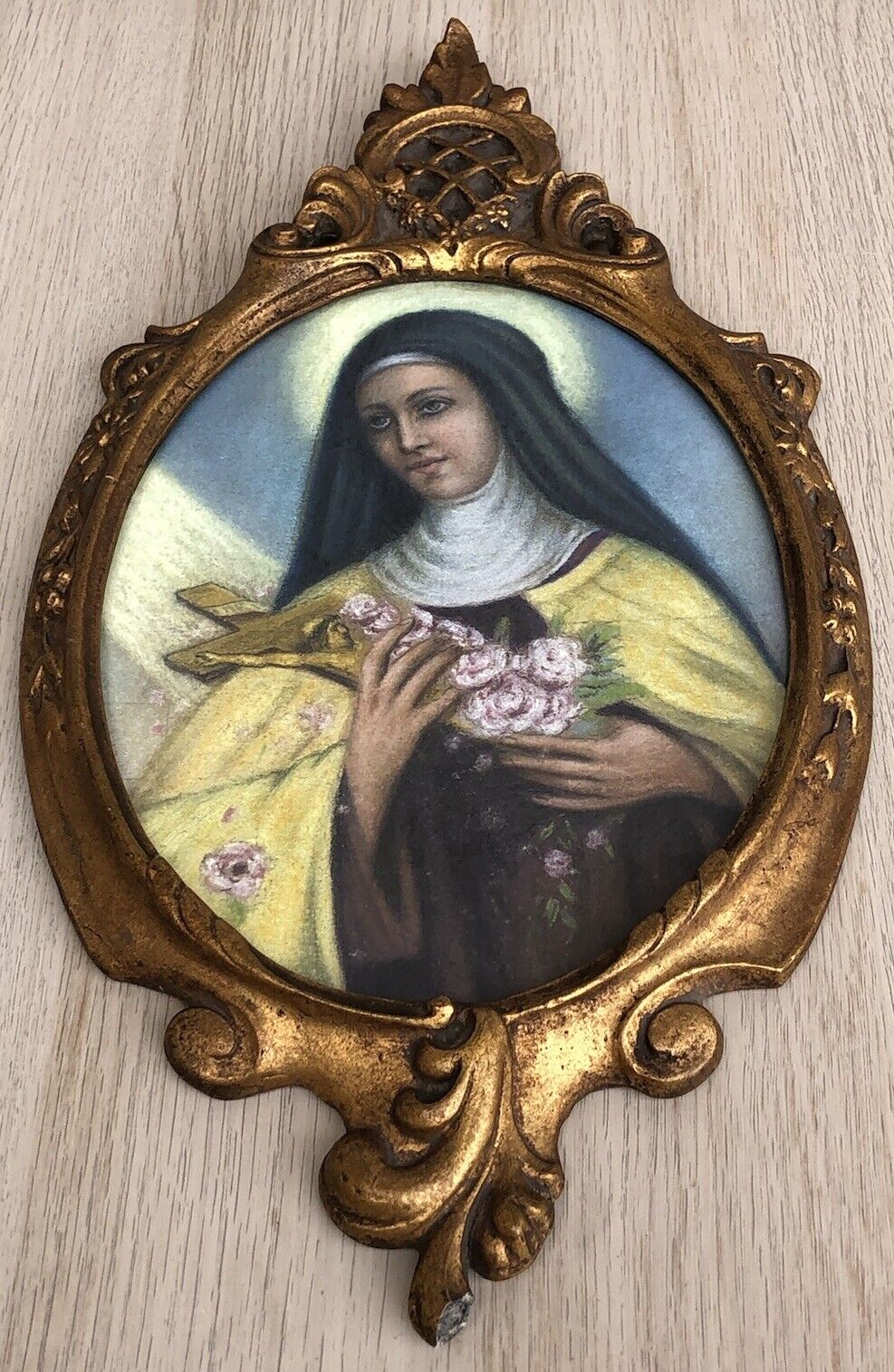 Quadro vintage -Santa Rita Da Cascia- realizzato  a pastello su cartoncino