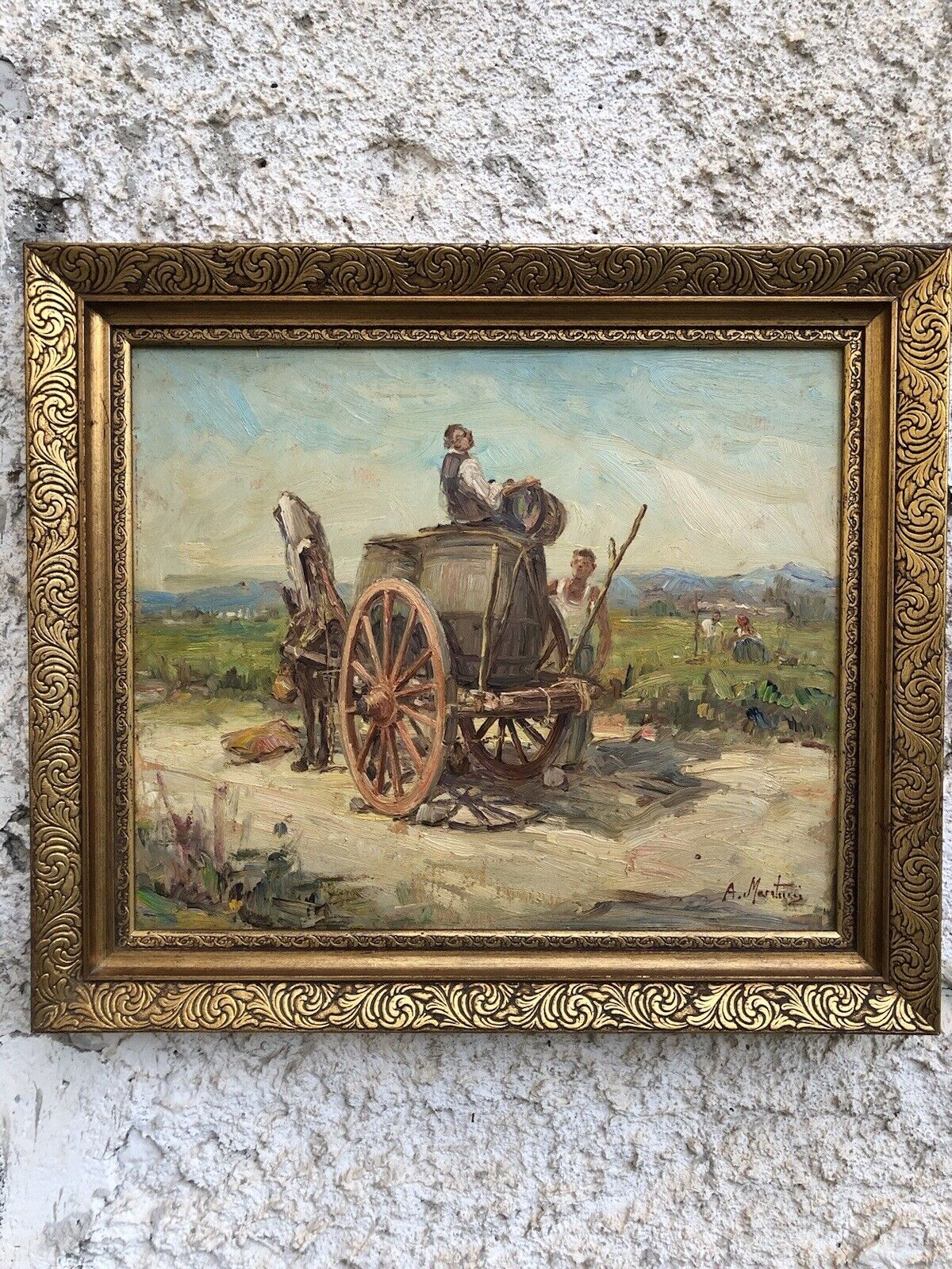 Quadro vintage -Paesaggio Con Carretto- dipinto a olio su tavoletta