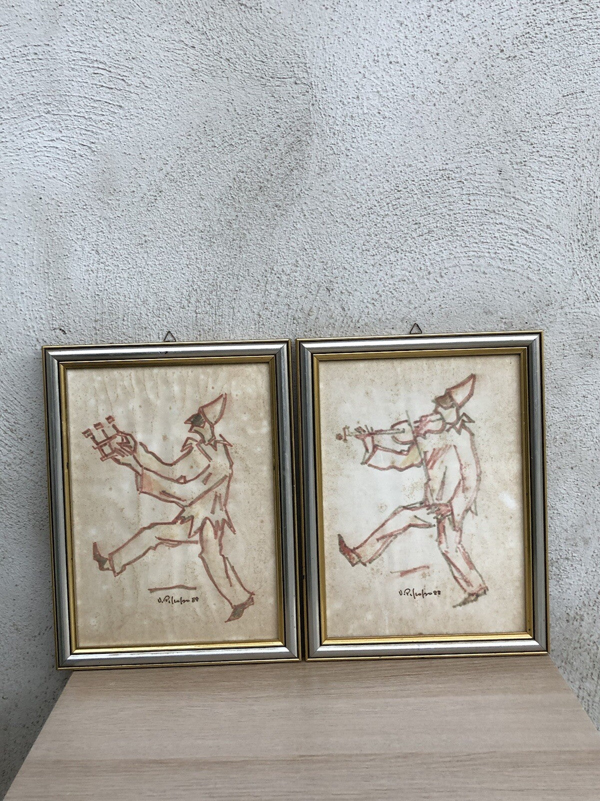 Coppia di quadri -Pulcinella- Vittorio Pisco a tecnica mista su carta