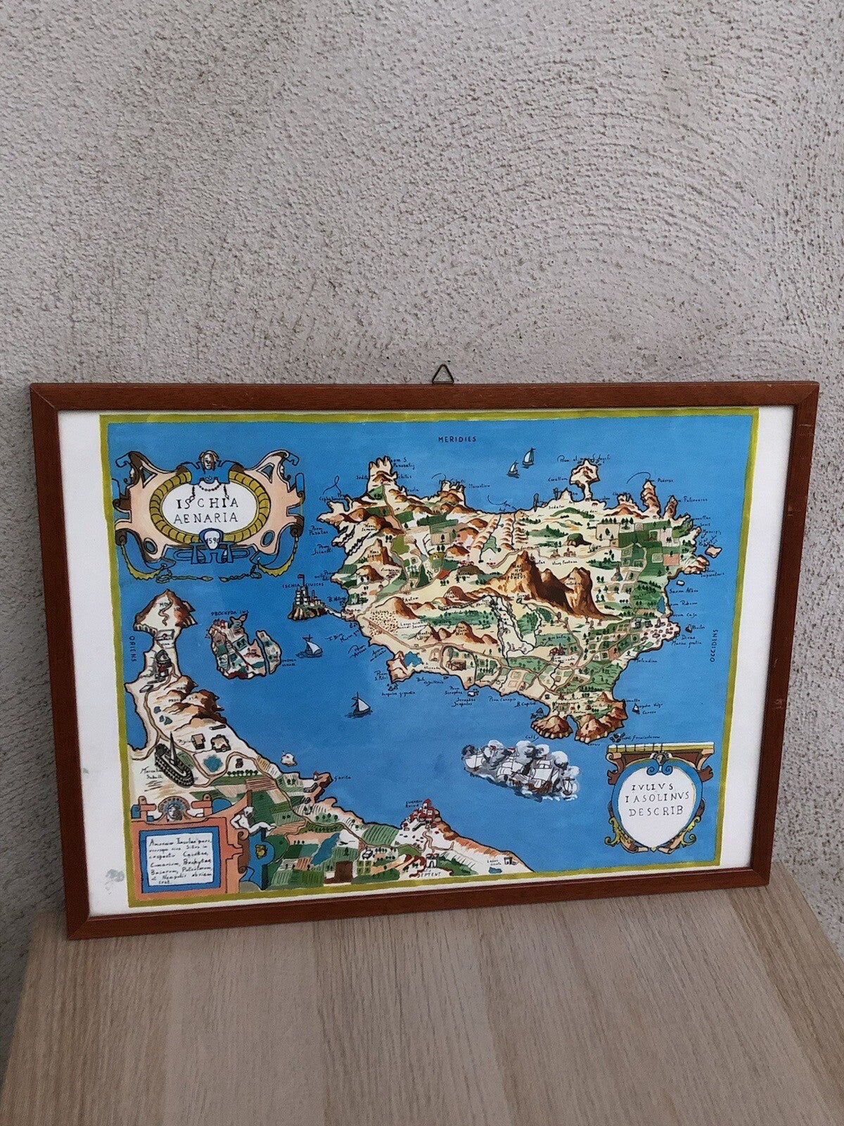 Mappa Vintage -Ischia Aenaria Antica- Dipinta Ad Acquerello E Tempera Su Carta