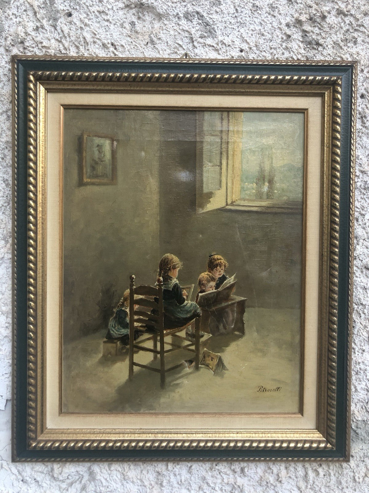 Quadro -Fanciulli In Lettura- dipinto a olio su tela