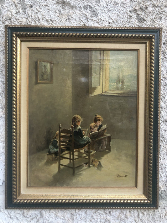 Quadro -Fanciulli In Lettura- dipinto a olio su tela