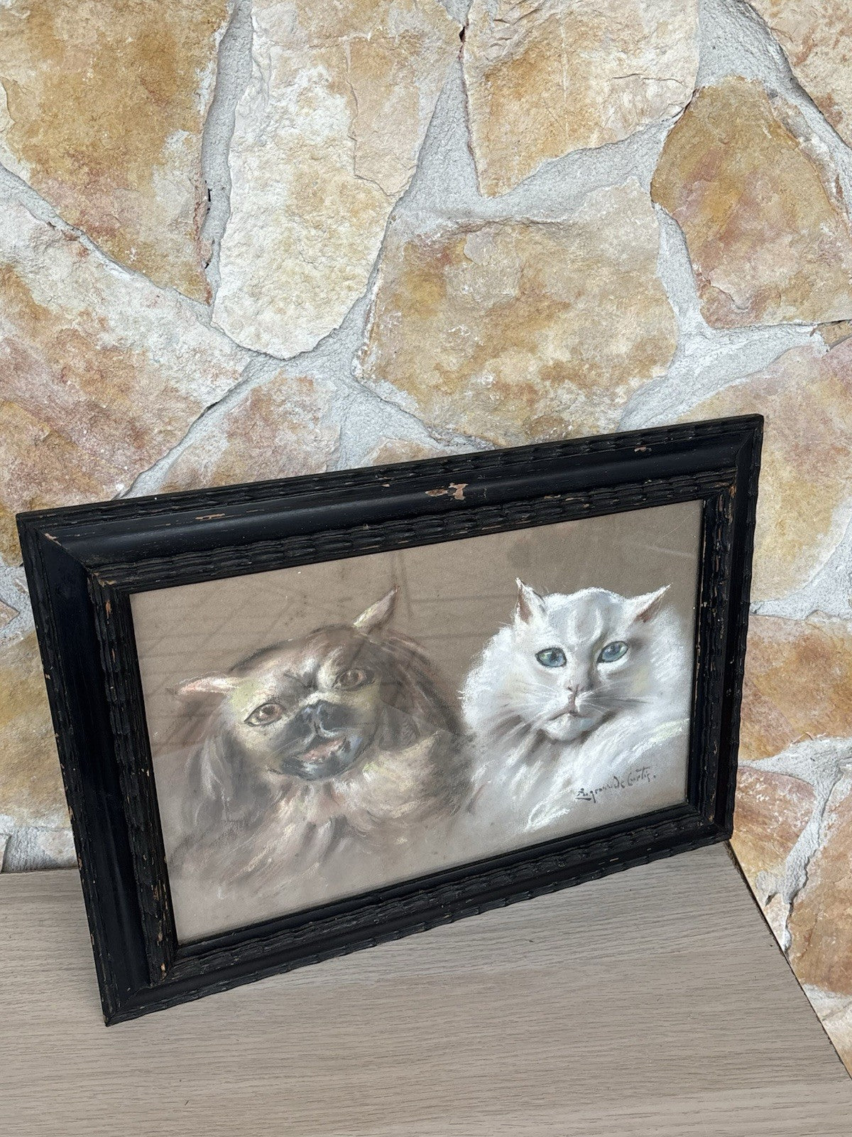 Quadro antico -Figure Animali- Federico De Curtis- pastello su carta