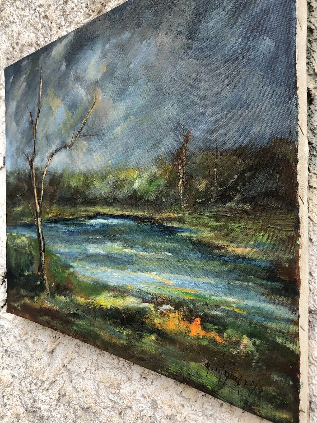 Quadro vintage -Paesaggio Con Lago- dipinto a olio su tela
