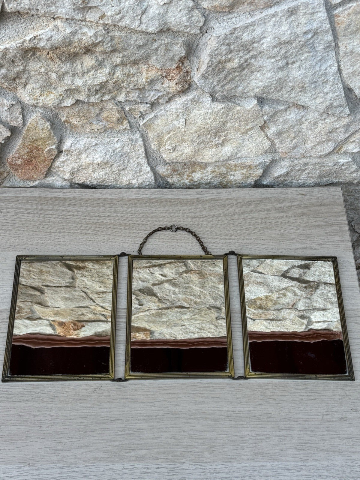 Specchio Trittico Da Barbiere Vintage In Metallo Ottone
