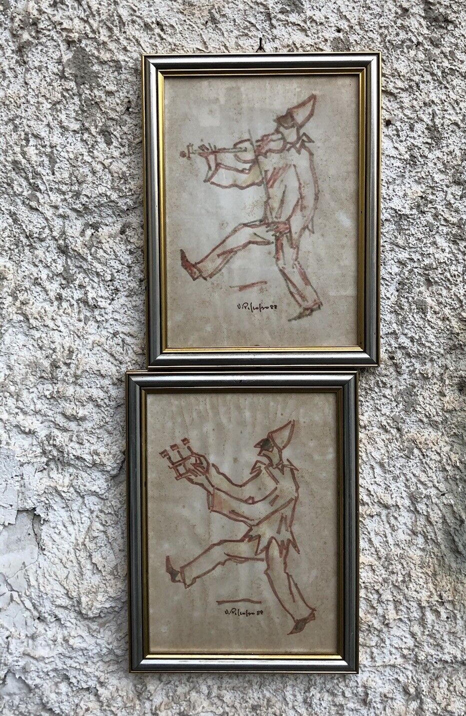 Coppia di quadri -Pulcinella- Vittorio Pisco a tecnica mista su carta