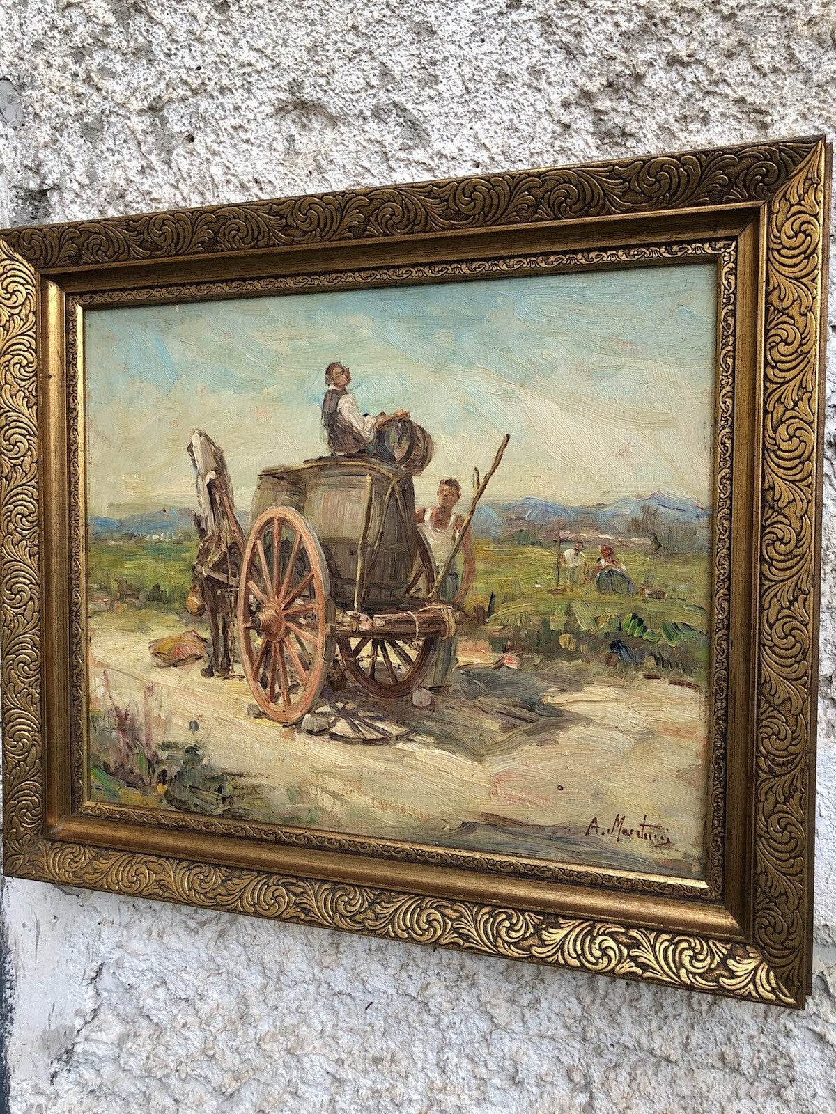 Quadro vintage -Paesaggio Con Carretto- dipinto a olio su tavoletta