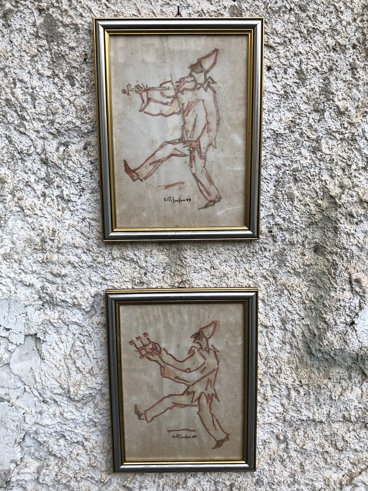 Coppia di quadri -Pulcinella- Vittorio Pisco a tecnica mista su carta