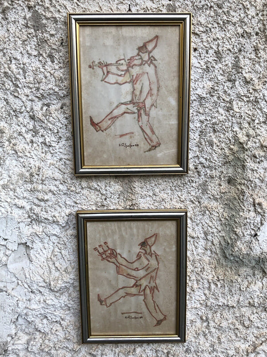 Coppia di quadri -Pulcinella- Vittorio Pisco a tecnica mista su carta
