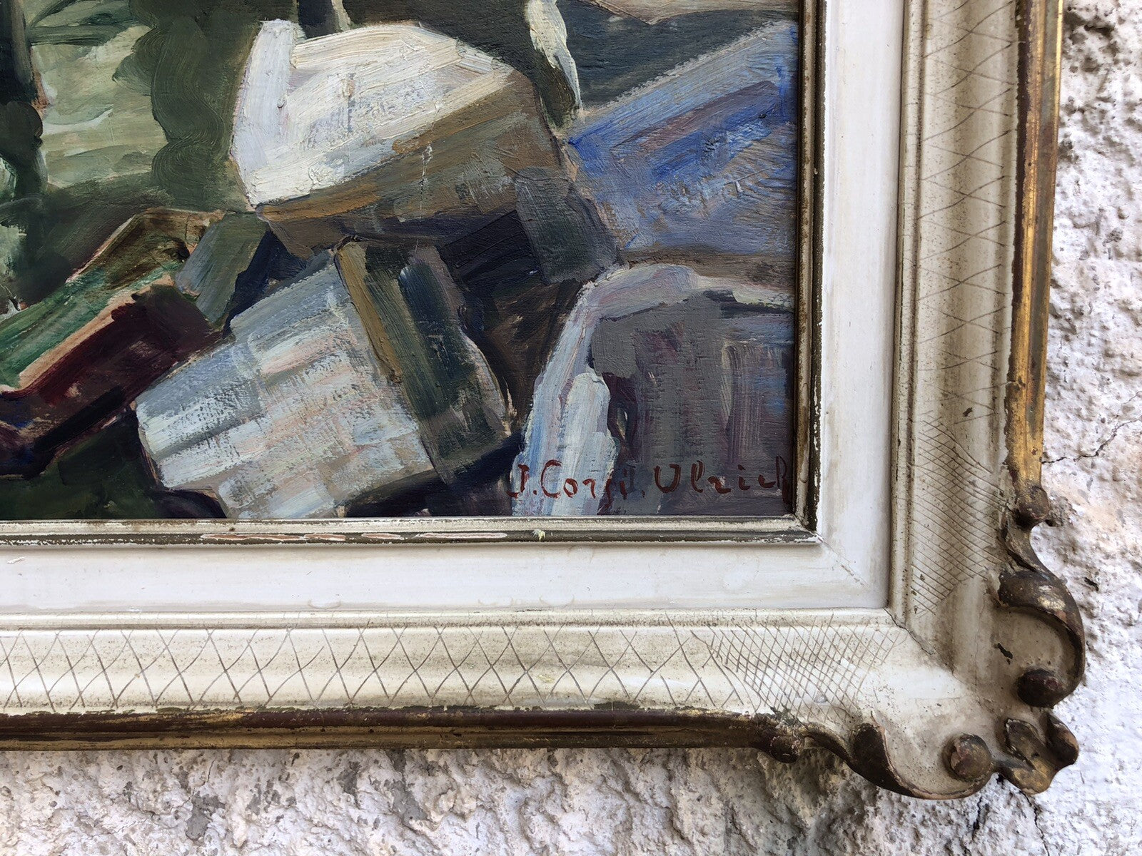 Quadro vintage francese -Barca Al Molo- dipinto a olio su tavoletta