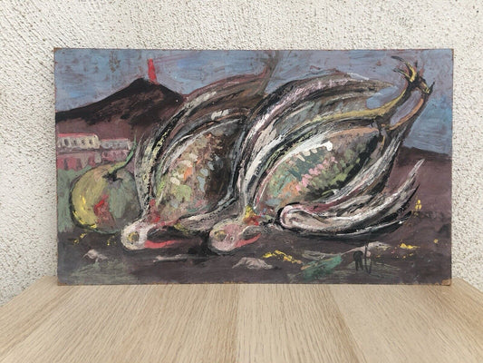 Quadro vintage -Natura Morta- dipinto a tecnica mista su masonite