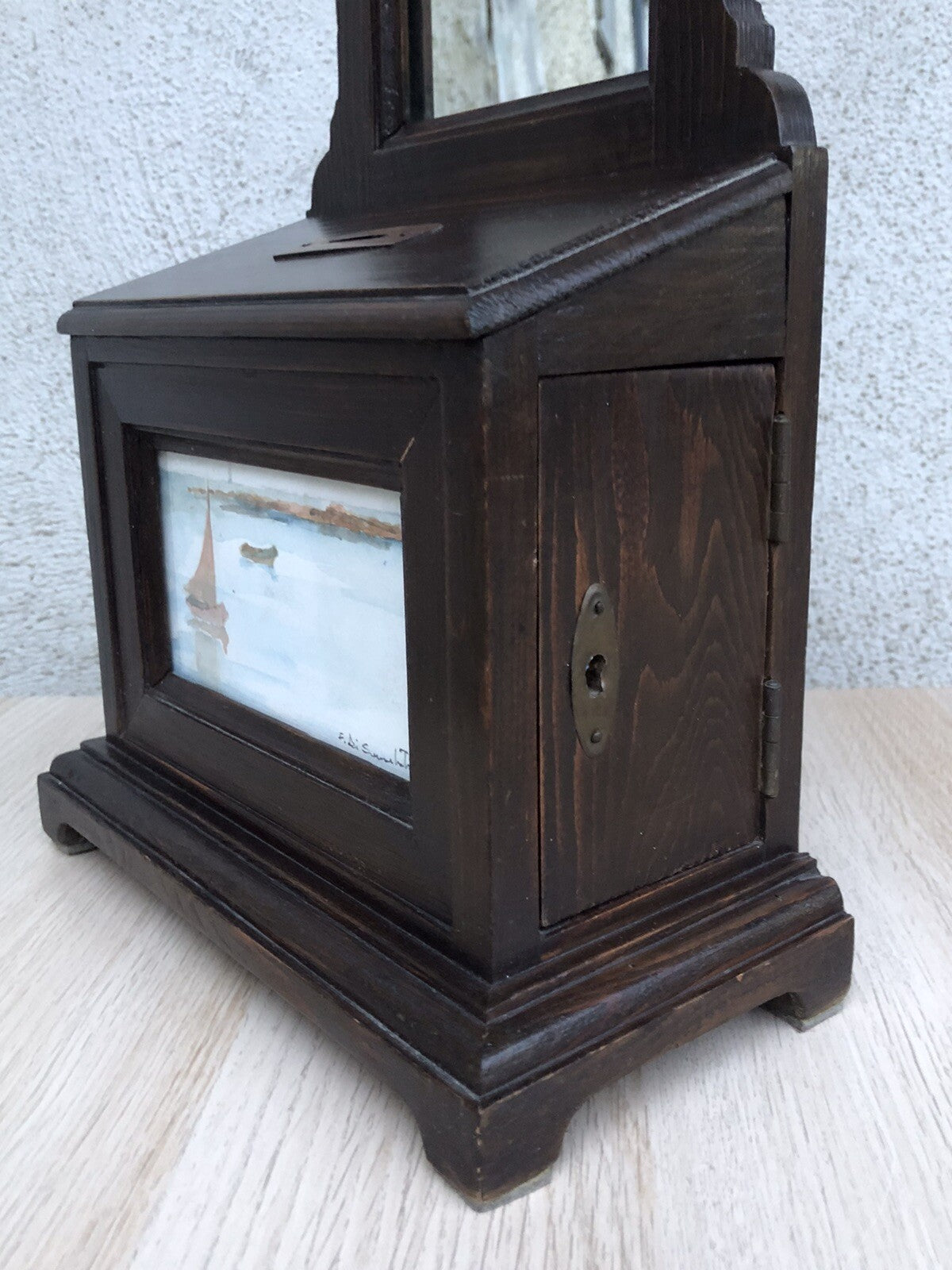 Specchiera in legno vintage con dipinto su cartoncino