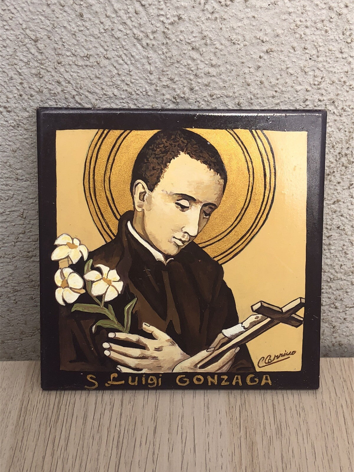 Dipinto San Luigi Gonzaga su mattonella Vintage