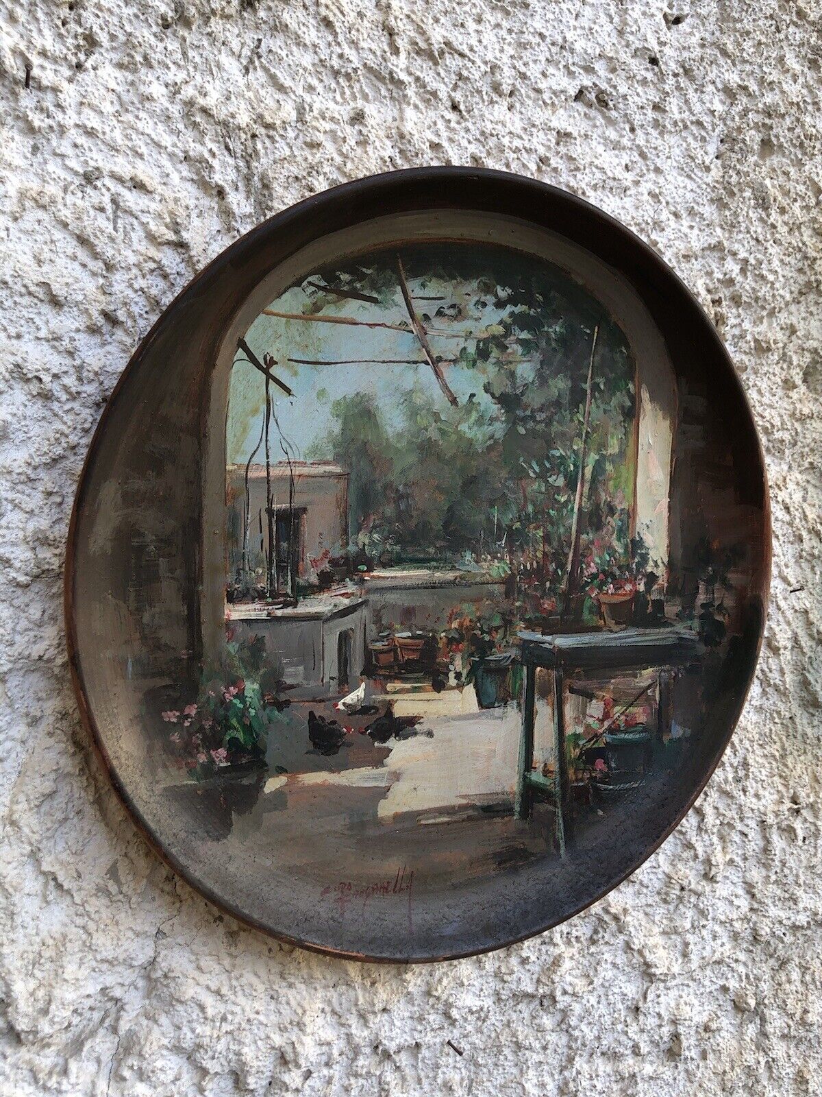 Piatto Vintage Dipinto A Olio su Terracotta