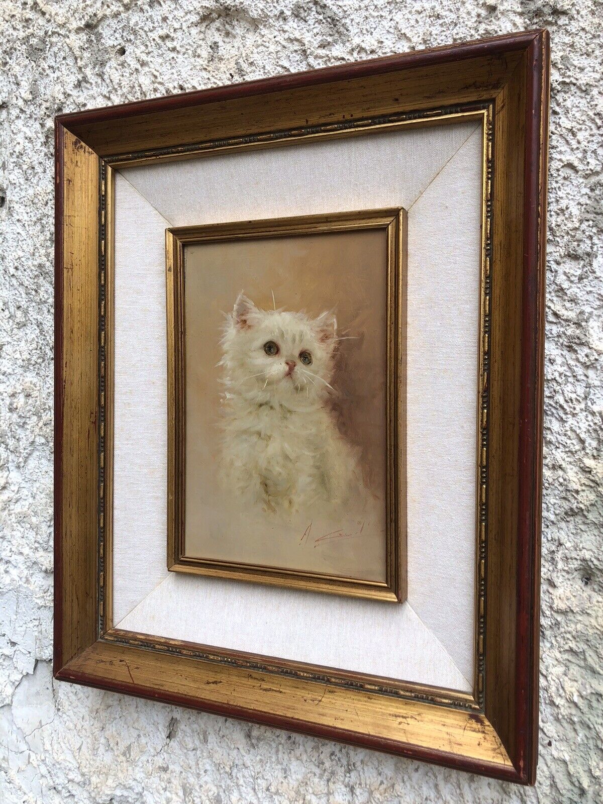 Quadro vintage-Gatto-dipinto a olio su tavola
