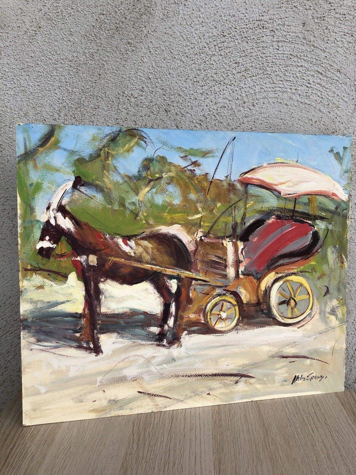 Quadro vintage -Carrozza Con Cavallo- dipinto a tecnica mista su cartoncino