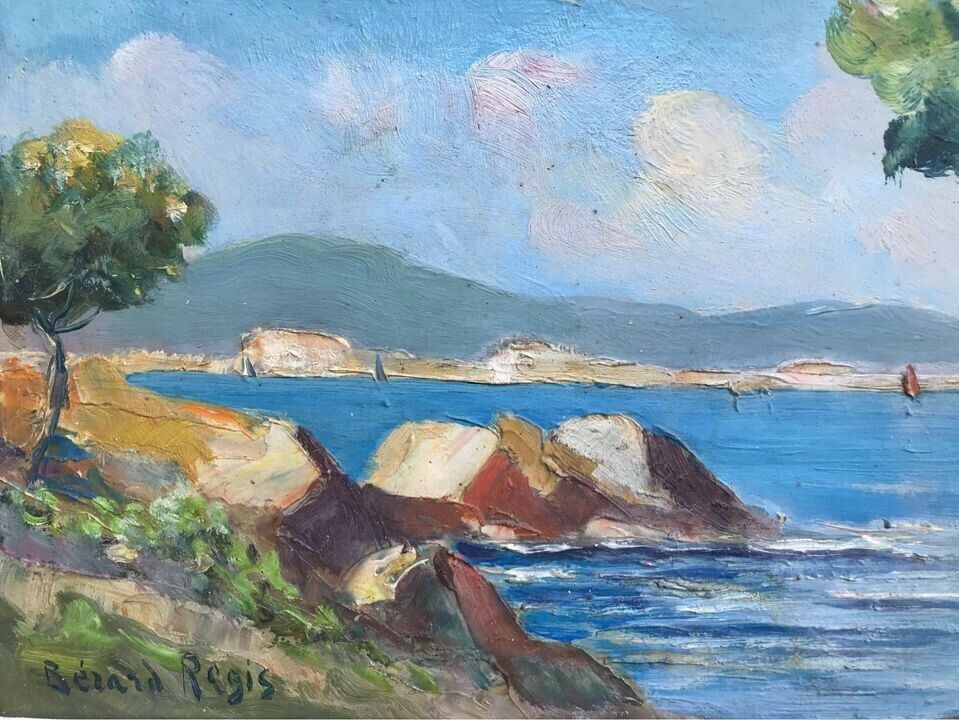 Antico quadro francese-Marina- dipinto a olio su masonite
