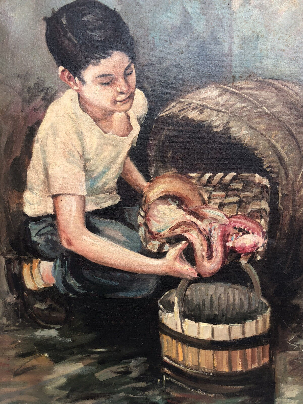 Quadro vintage -Pescivendolo- dipinto a olio su tela