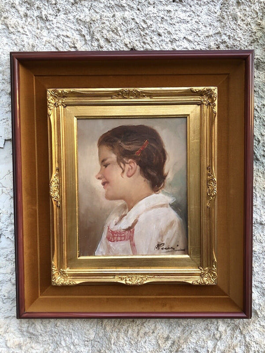 Quadro vintage -Profilo Fanciulla- dipinto a olio su tavoletta