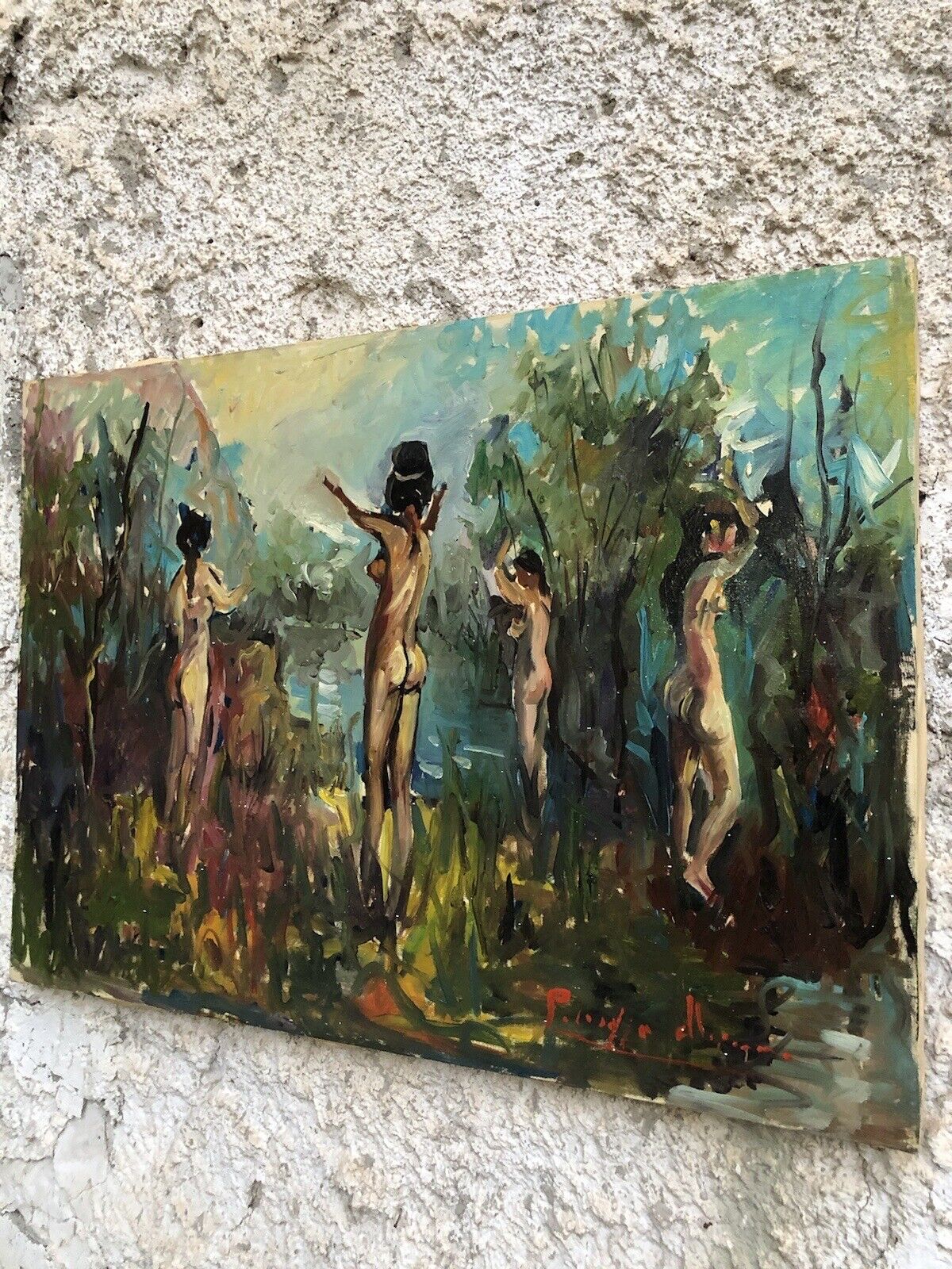 Quadro vintage -Bagnanti- dipinto a olio su tela