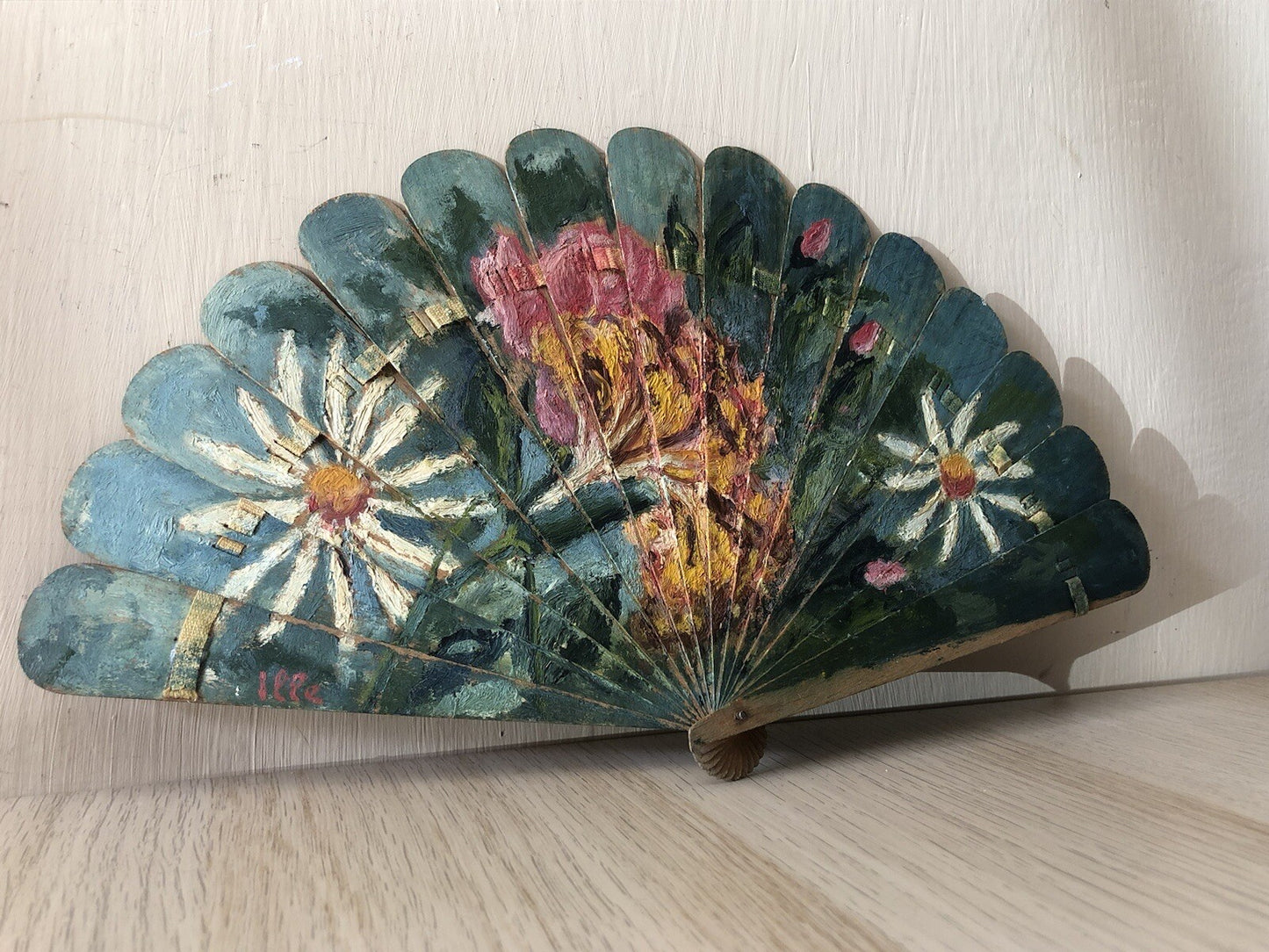 Ventaglio In Legno Dipinto A Olio Vintage