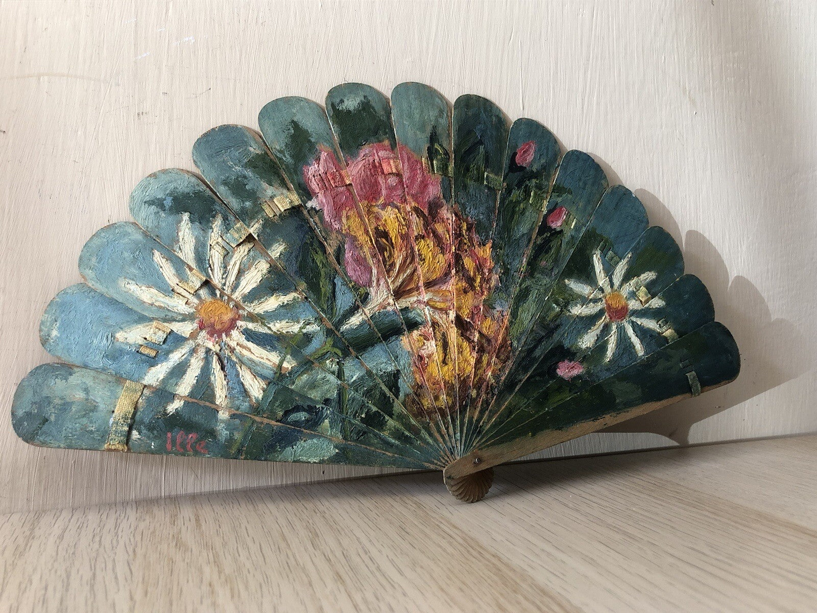 Ventaglio In Legno Dipinto A Olio Vintage