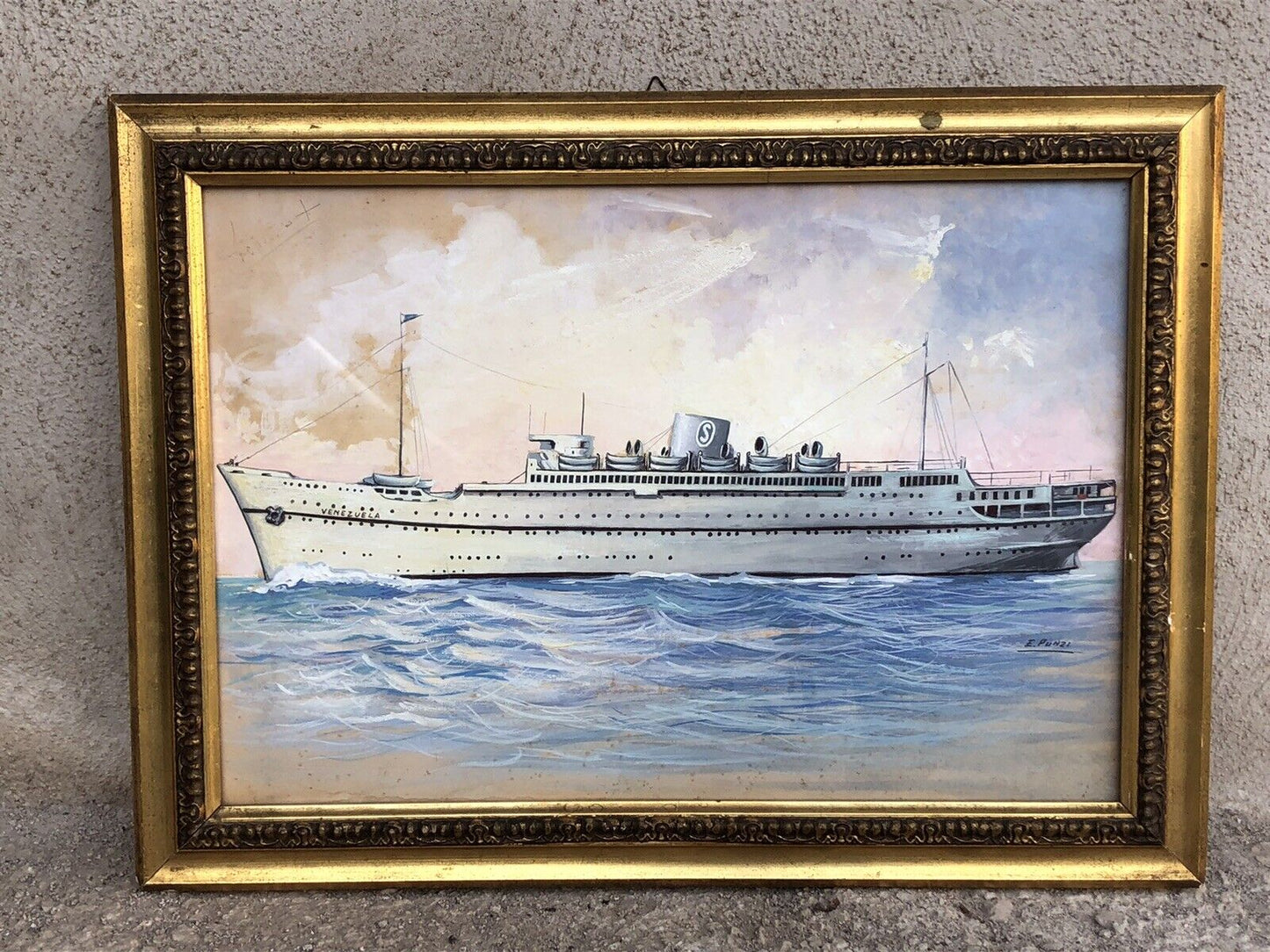 Quadro dipinto Nave “Venezuela Grimaldi Siosa Line” vintage