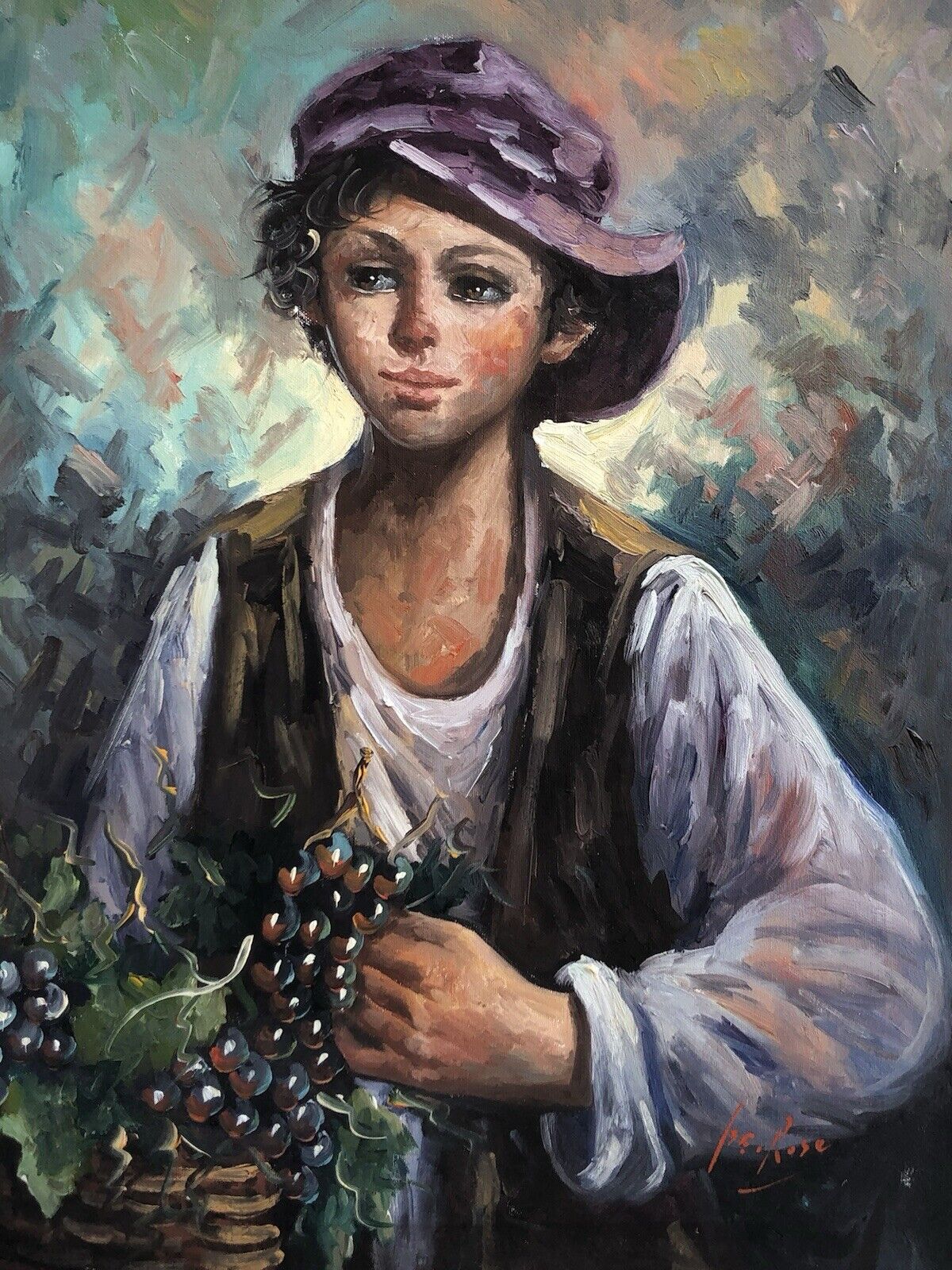 Quadro vintage -Ragazzo Con Frutta- dipinto a olio su tela