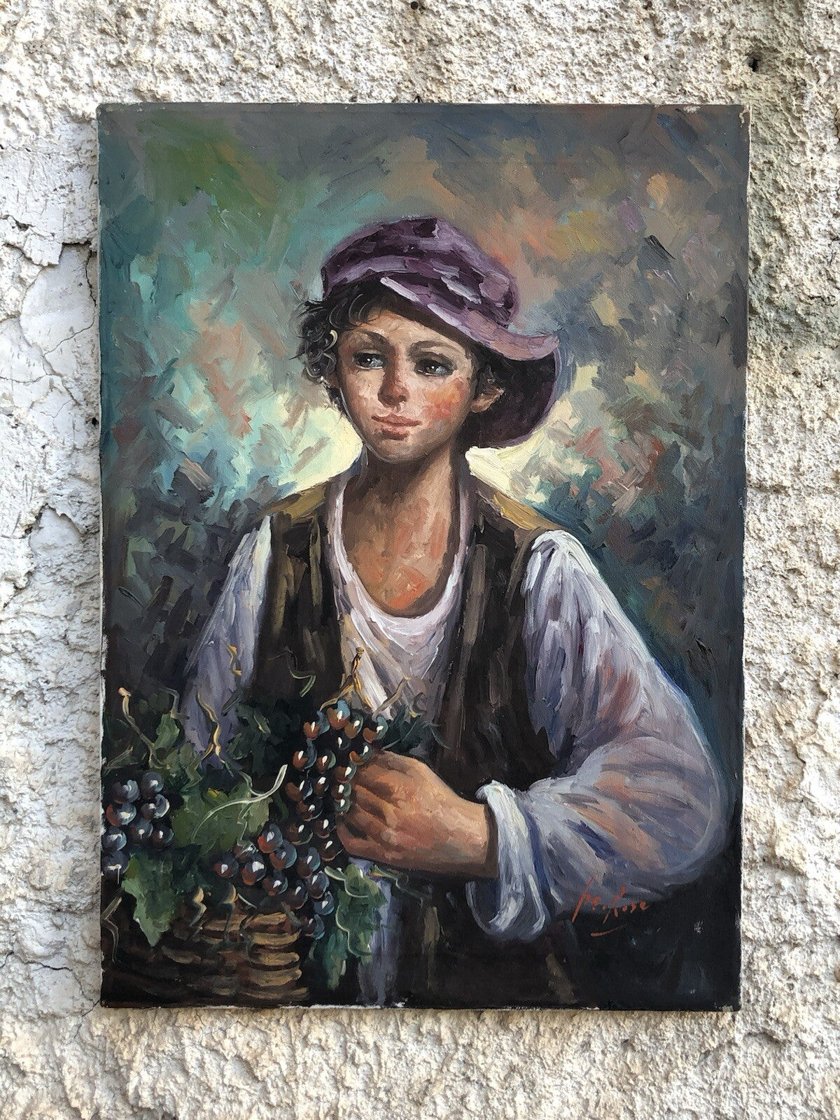 Quadro vintage -Ragazzo Con Frutta- dipinto a olio su tela