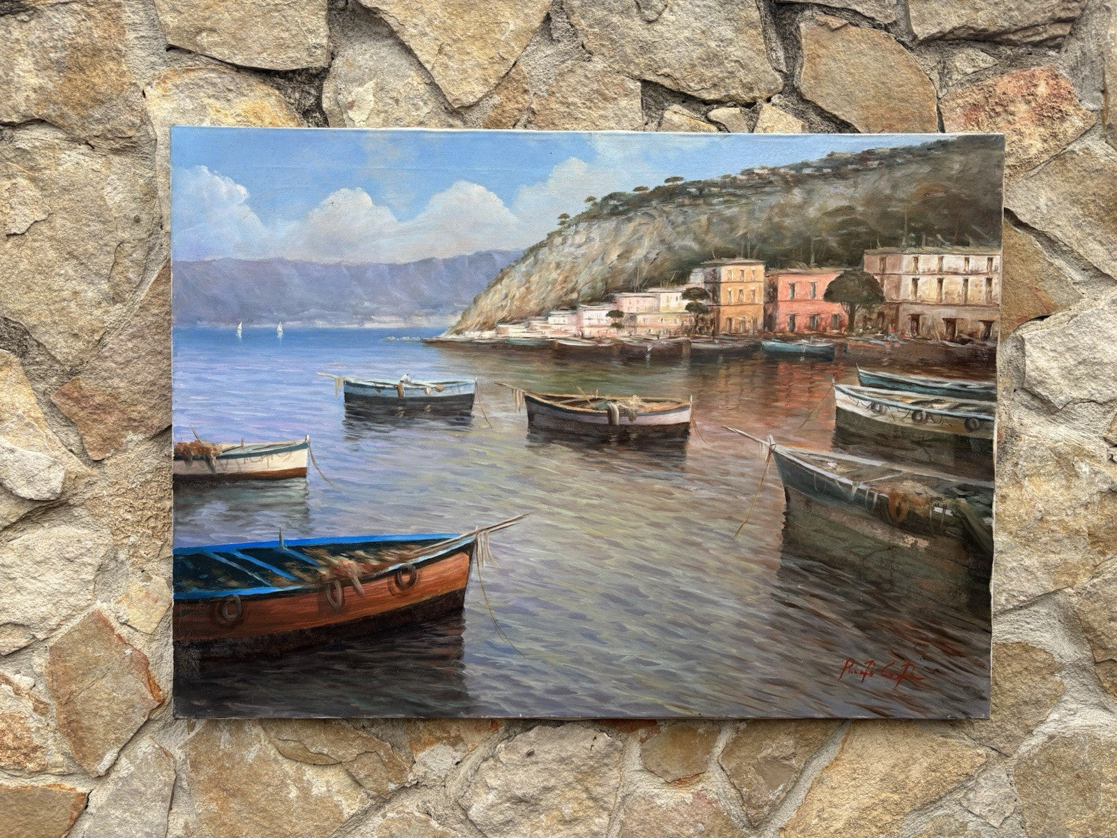 Quadro -Marina Con Barche- dipinto a olio su tela