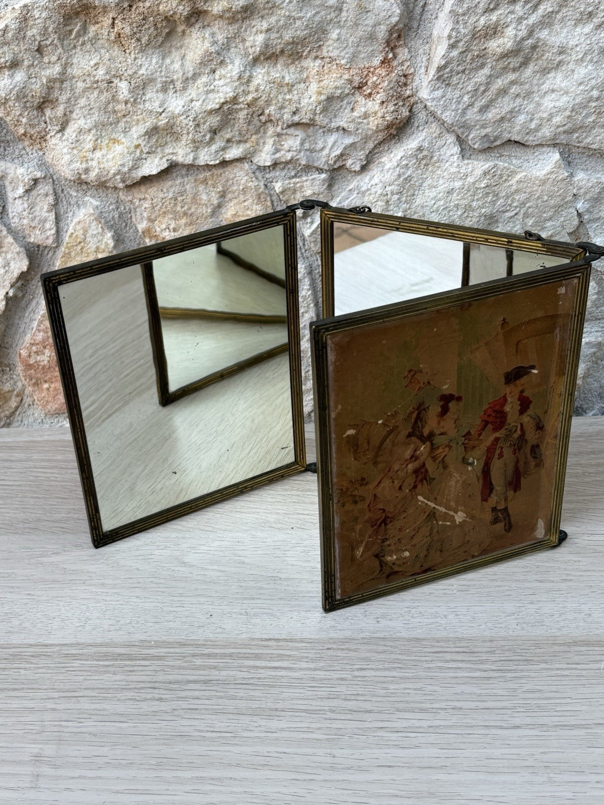 Specchio Trittico Da Barbiere Vintage In Metallo Ottone