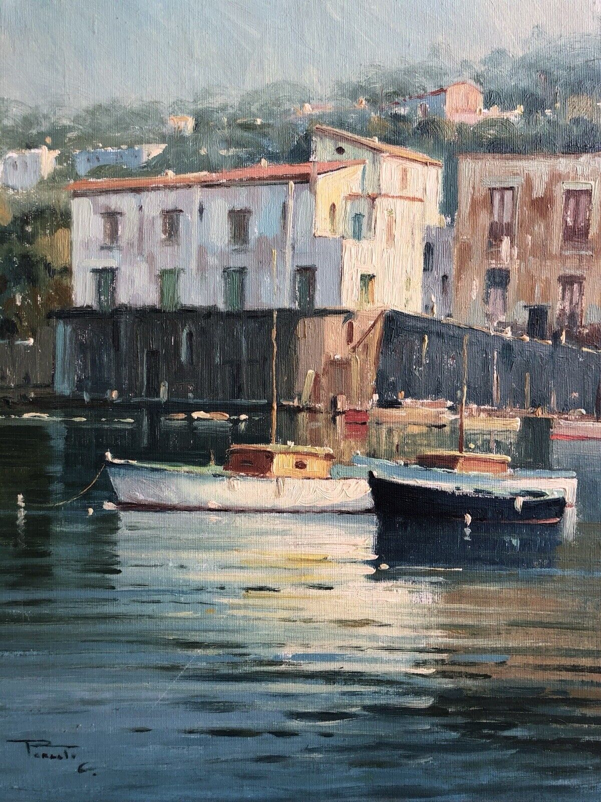Quadro -Marina Con Barche- dipinto a olio su tela