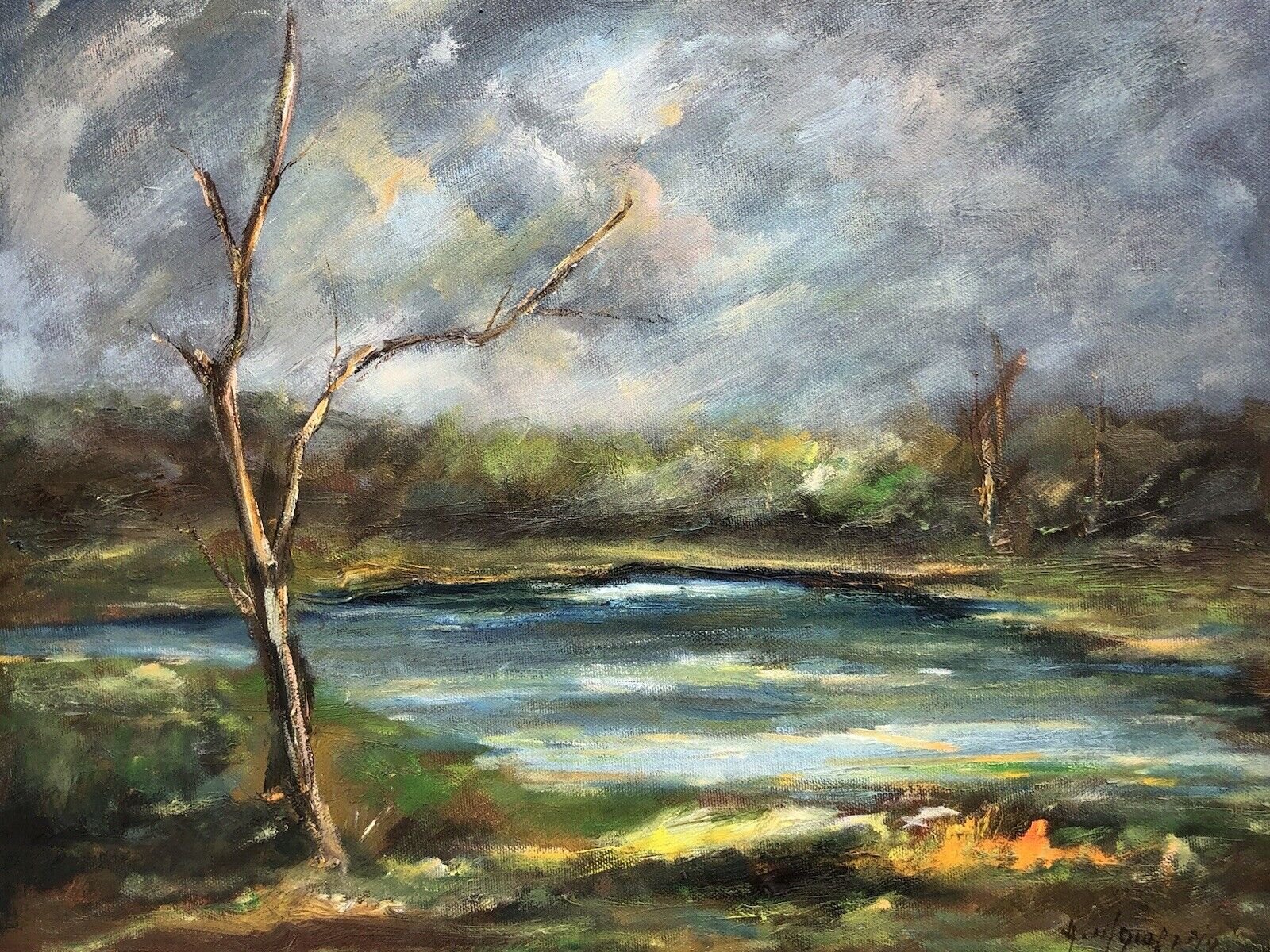 Quadro vintage -Paesaggio Con Lago- dipinto a olio su tela
