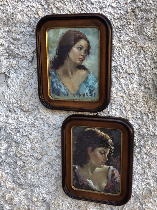 Coppia quadri vintage -Figure Donne- dipinti  a olio su tavola