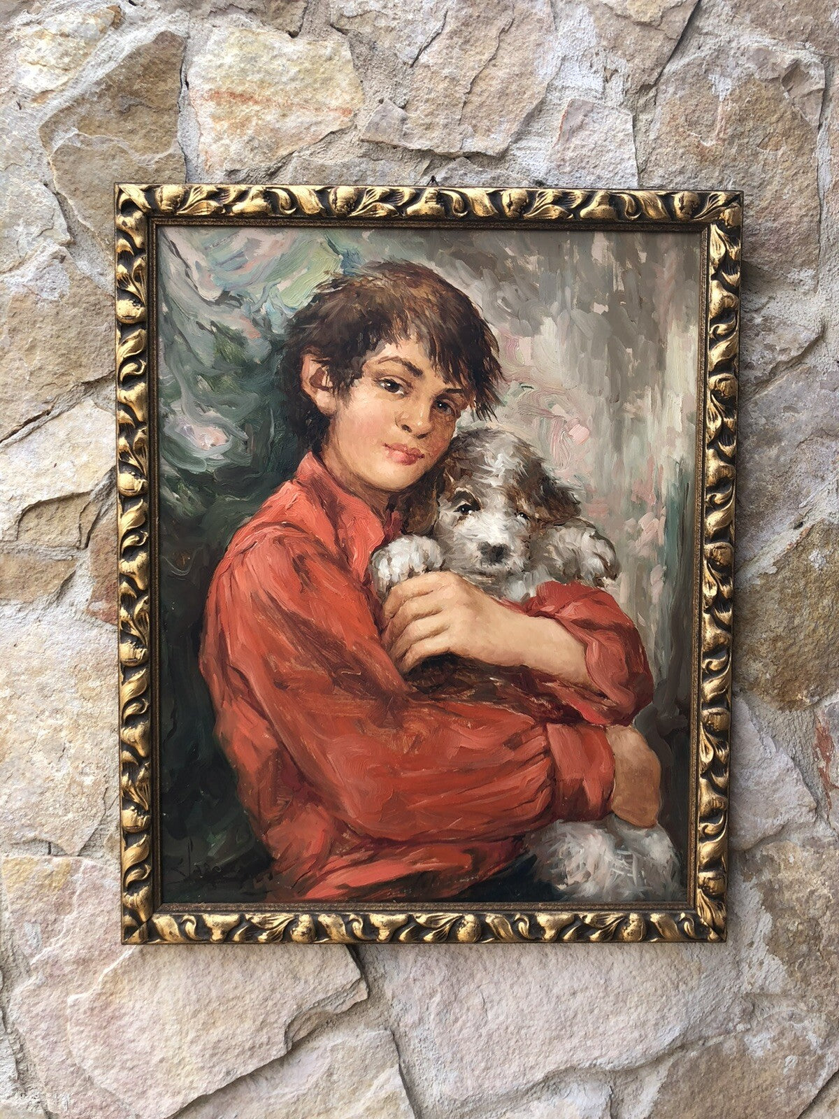 Quadro vintage -Fanciullo Con Cagnolino- dipinto a olio