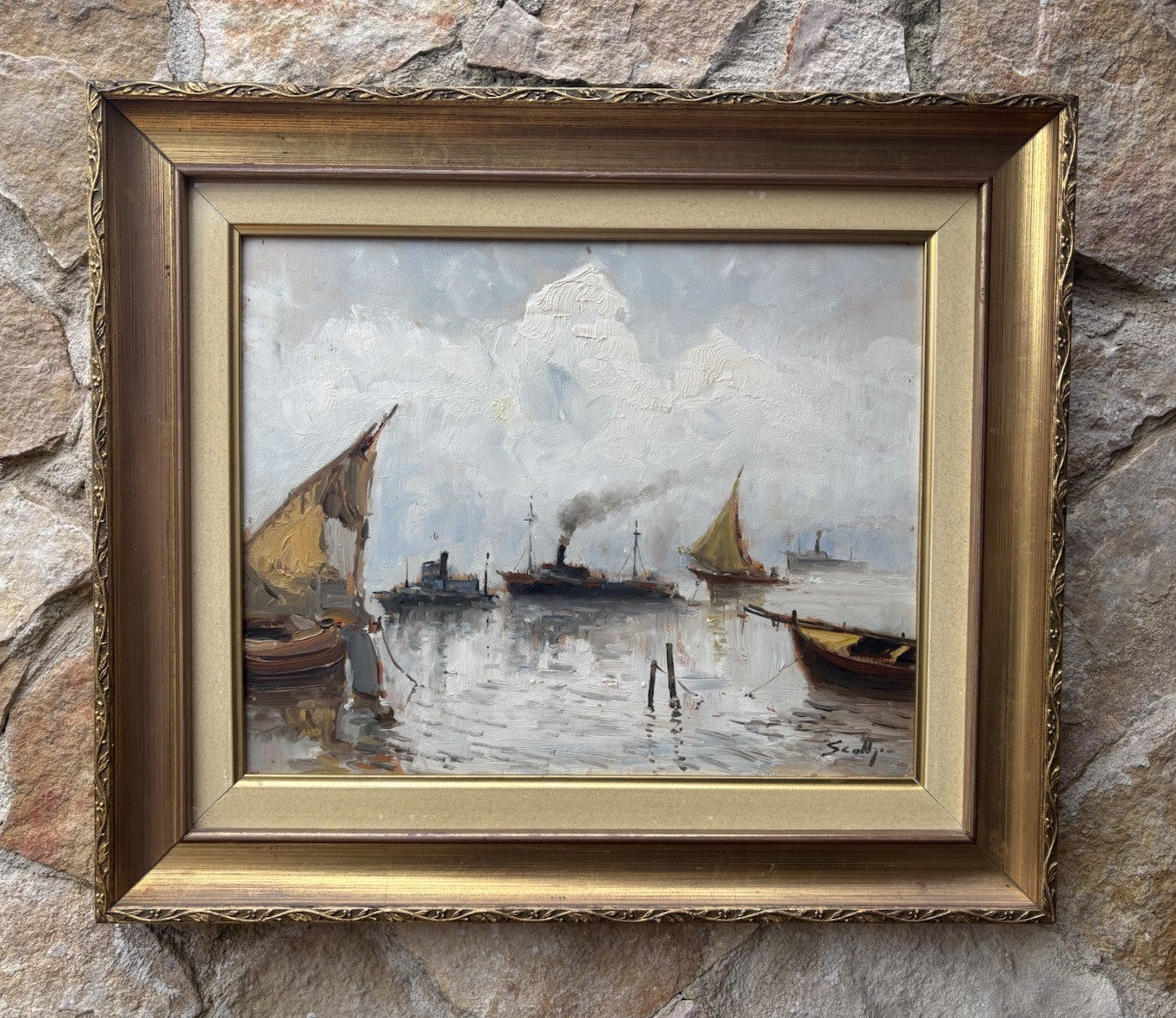 Quadro -Marina Con Barche- dipinto a olio