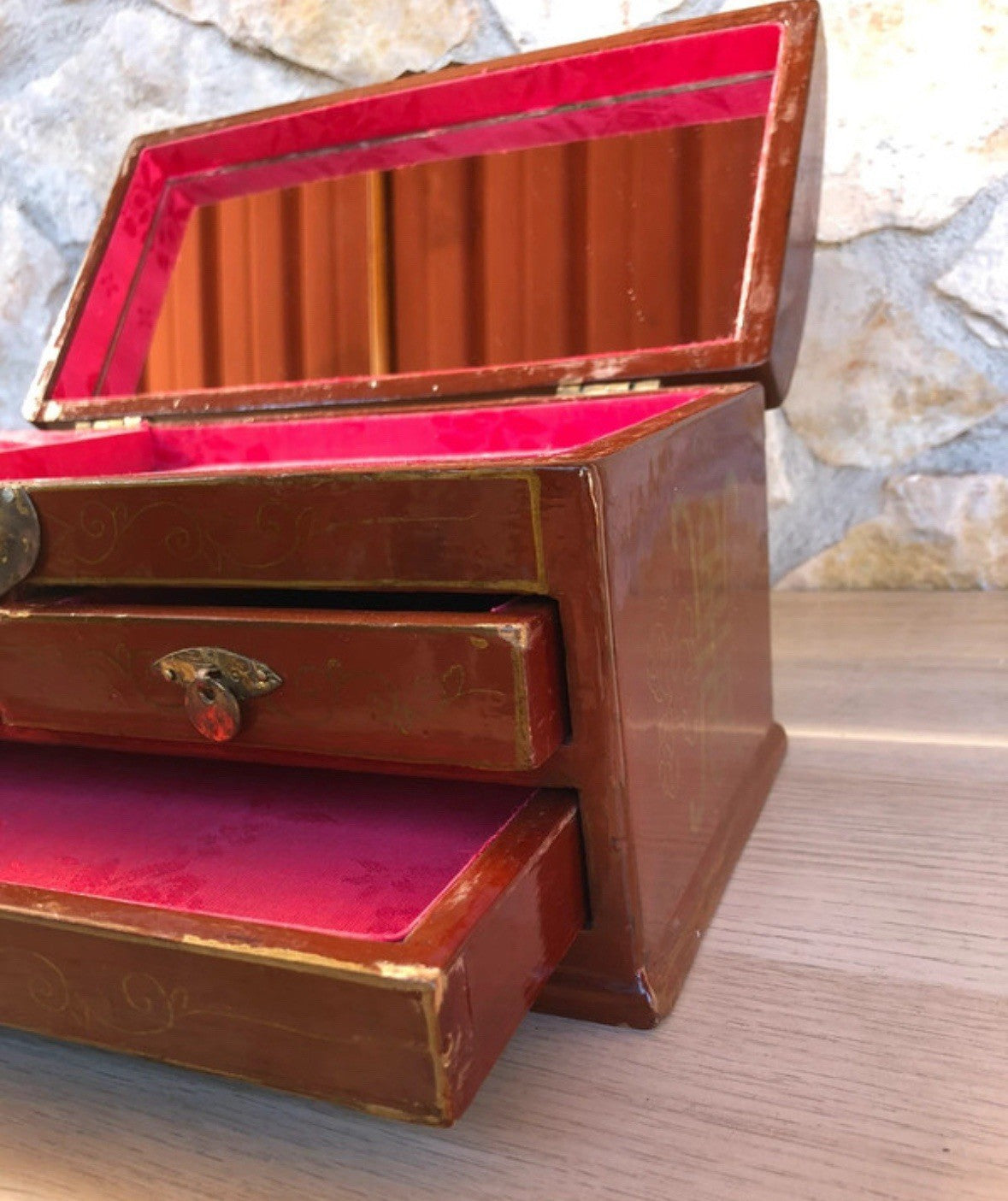 Scatola Orientale Portagioie Vintage In Legno Con Specchio Interno