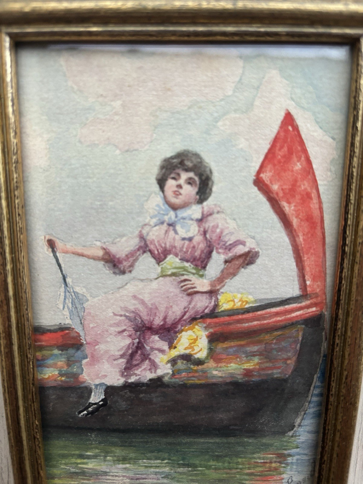 Piccolo quadro miniatura -Donna Su Barca- realizzato ad acquerello su carta