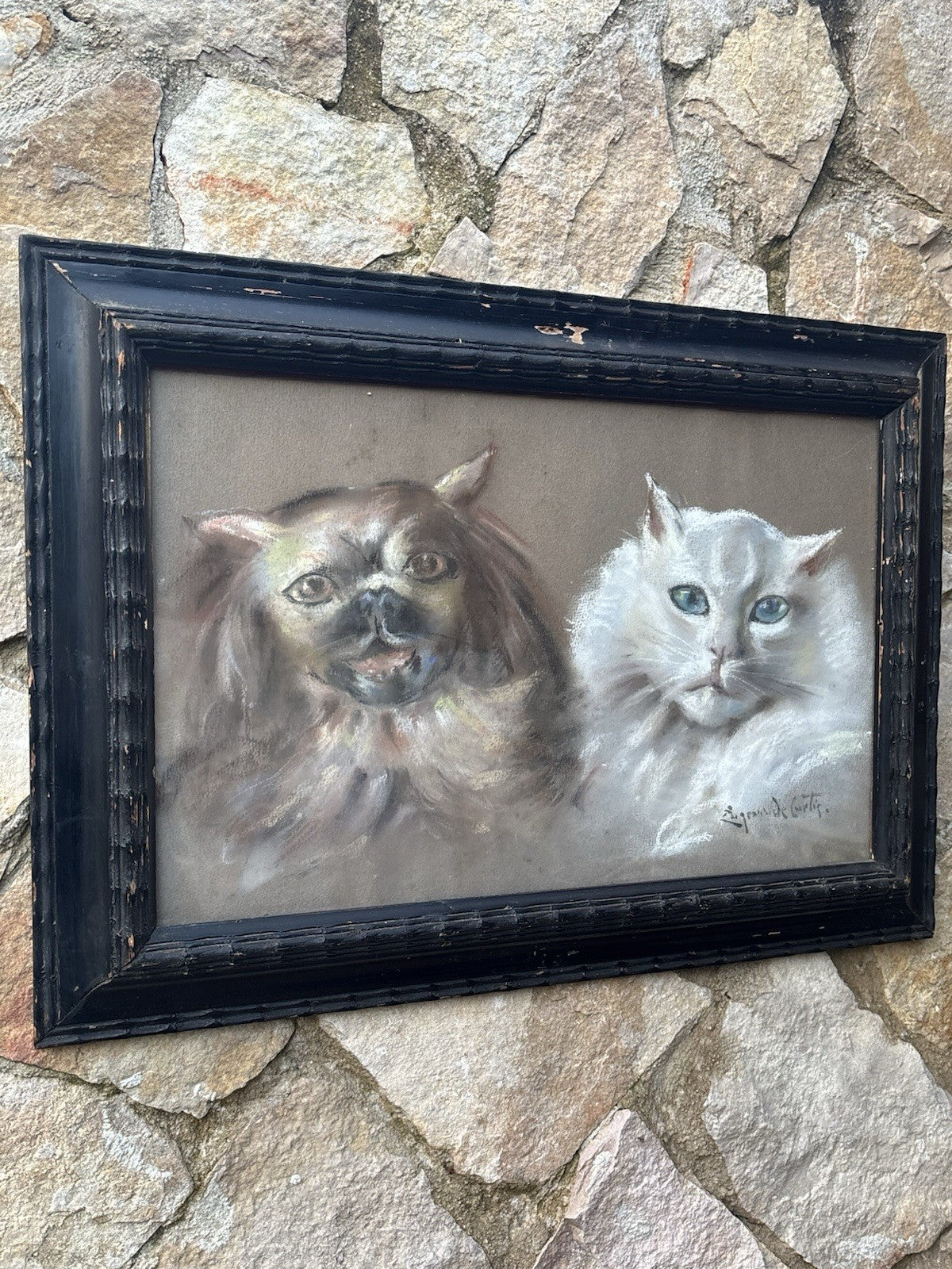 Quadro antico -Figure Animali- Federico De Curtis- pastello su carta