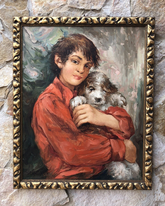Quadro vintage -Fanciullo Con Cagnolino- dipinto a olio
