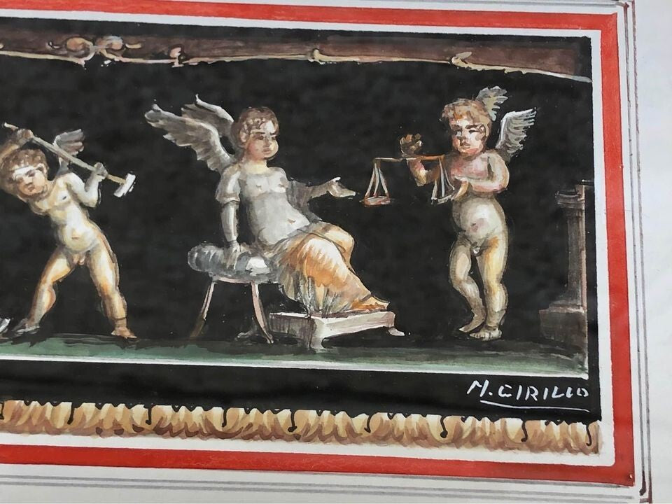 Coppia di quadri vintage “Puttini” dipinti ad acquerello su carta M.Cirillo