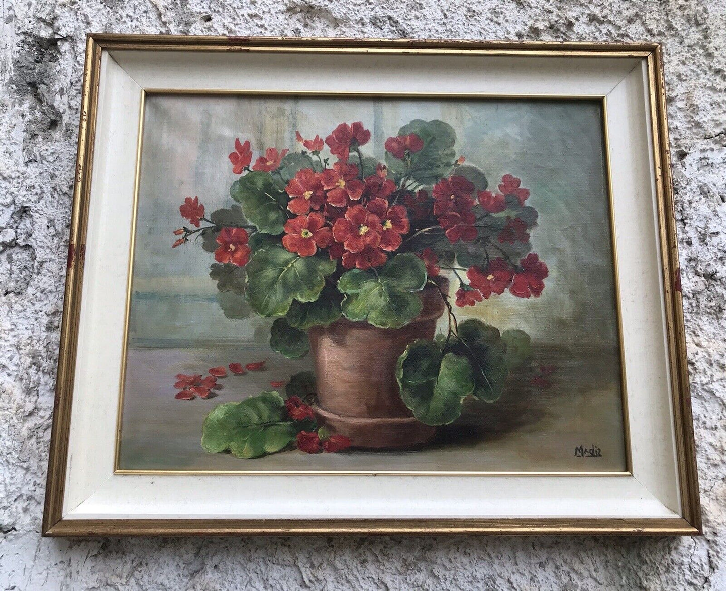 QUADRO VINTAGE -VASO CON GERANI-DIPINTO A OLIO SU TELA