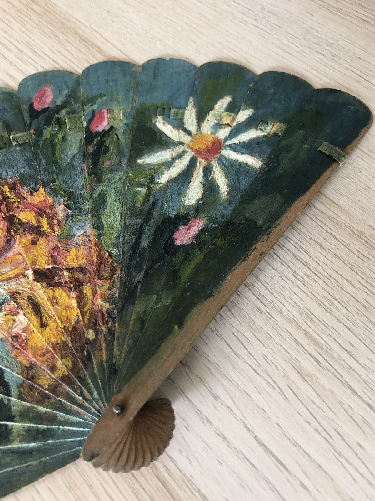 Ventaglio In Legno Dipinto A Olio Vintage