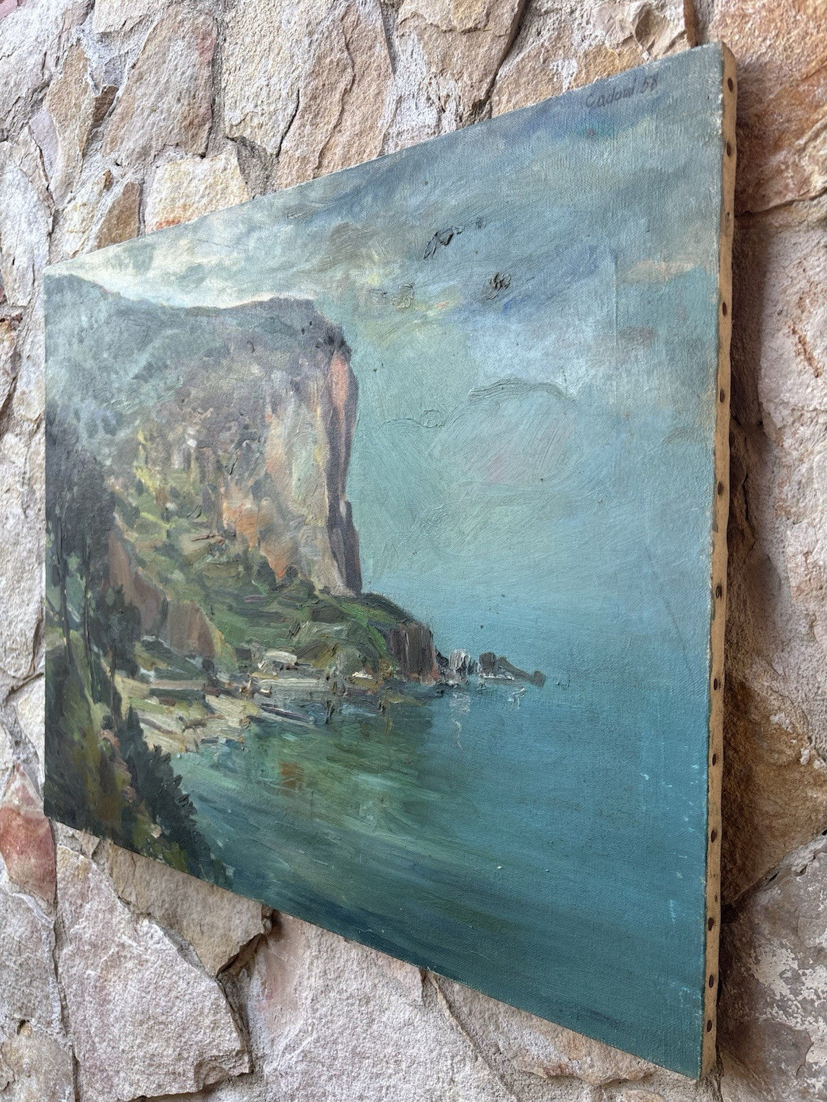 Quadro -Scogliera Con Marina- dipinto a olio su tela