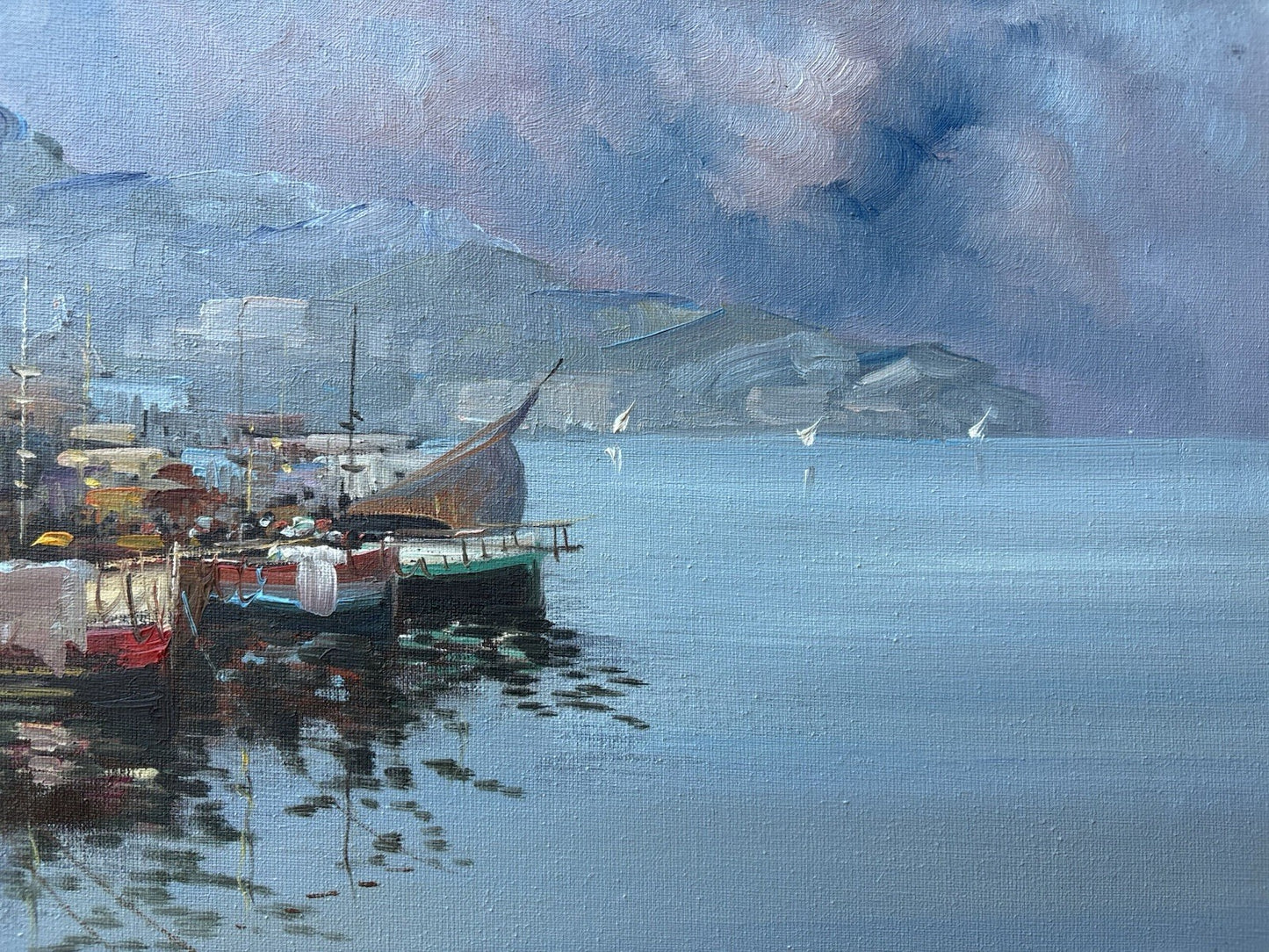Quadro -Barche Al Porto- dipinto a olio su tela