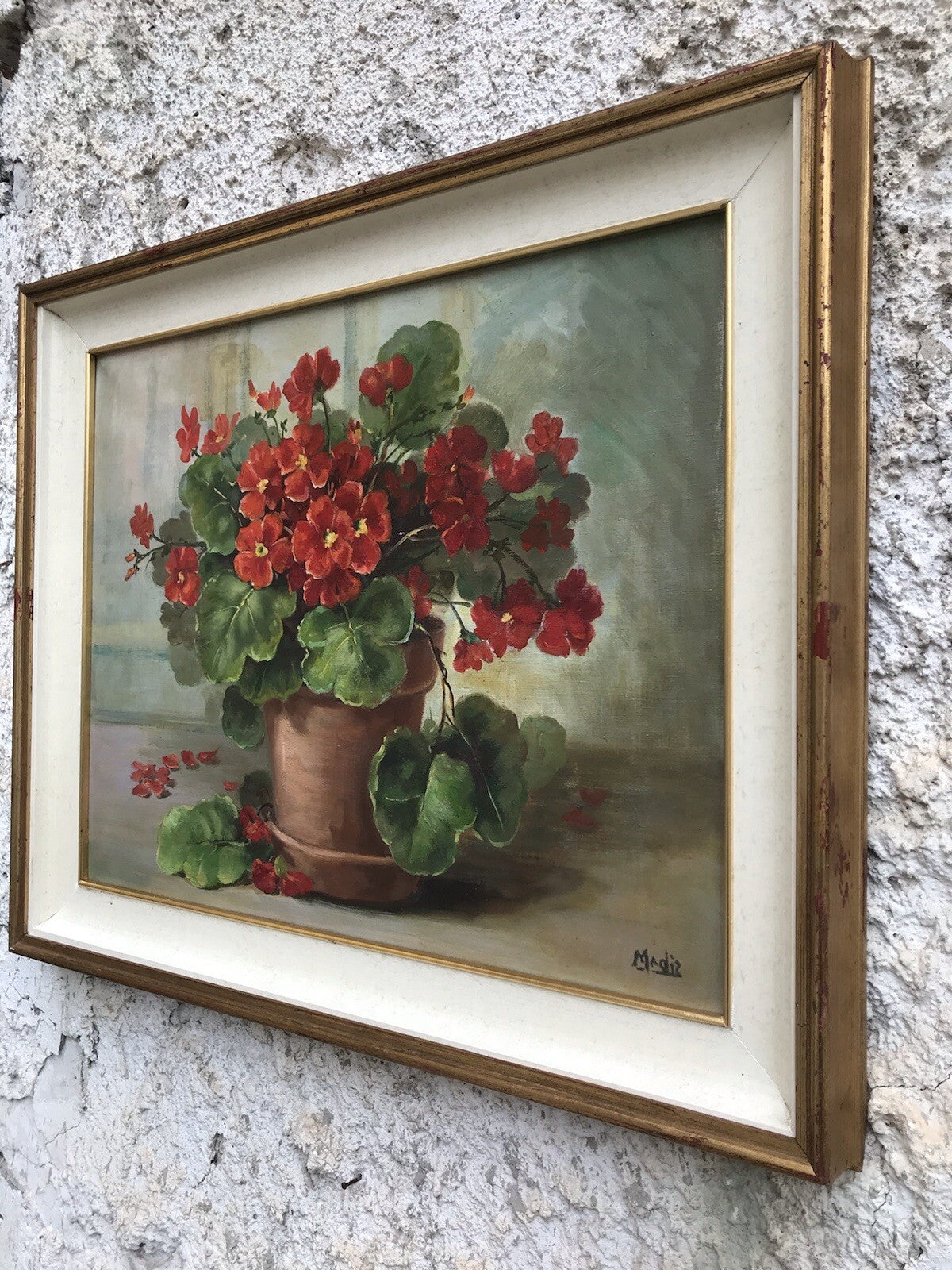 QUADRO VINTAGE -VASO CON GERANI-DIPINTO A OLIO SU TELA