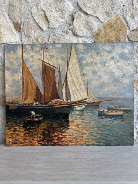 Quadro -Marina Con Barche- Ernesto Loreto dipinto a olio