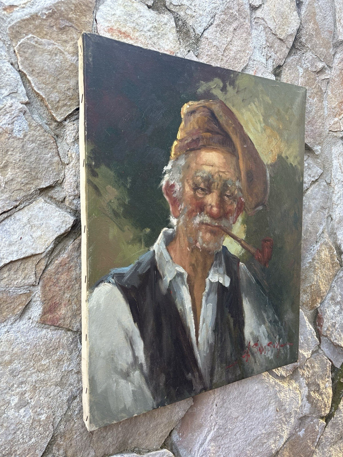 Quadro -Anziano Con Pipa- Angelo Sansone- dipinto a olio su tela