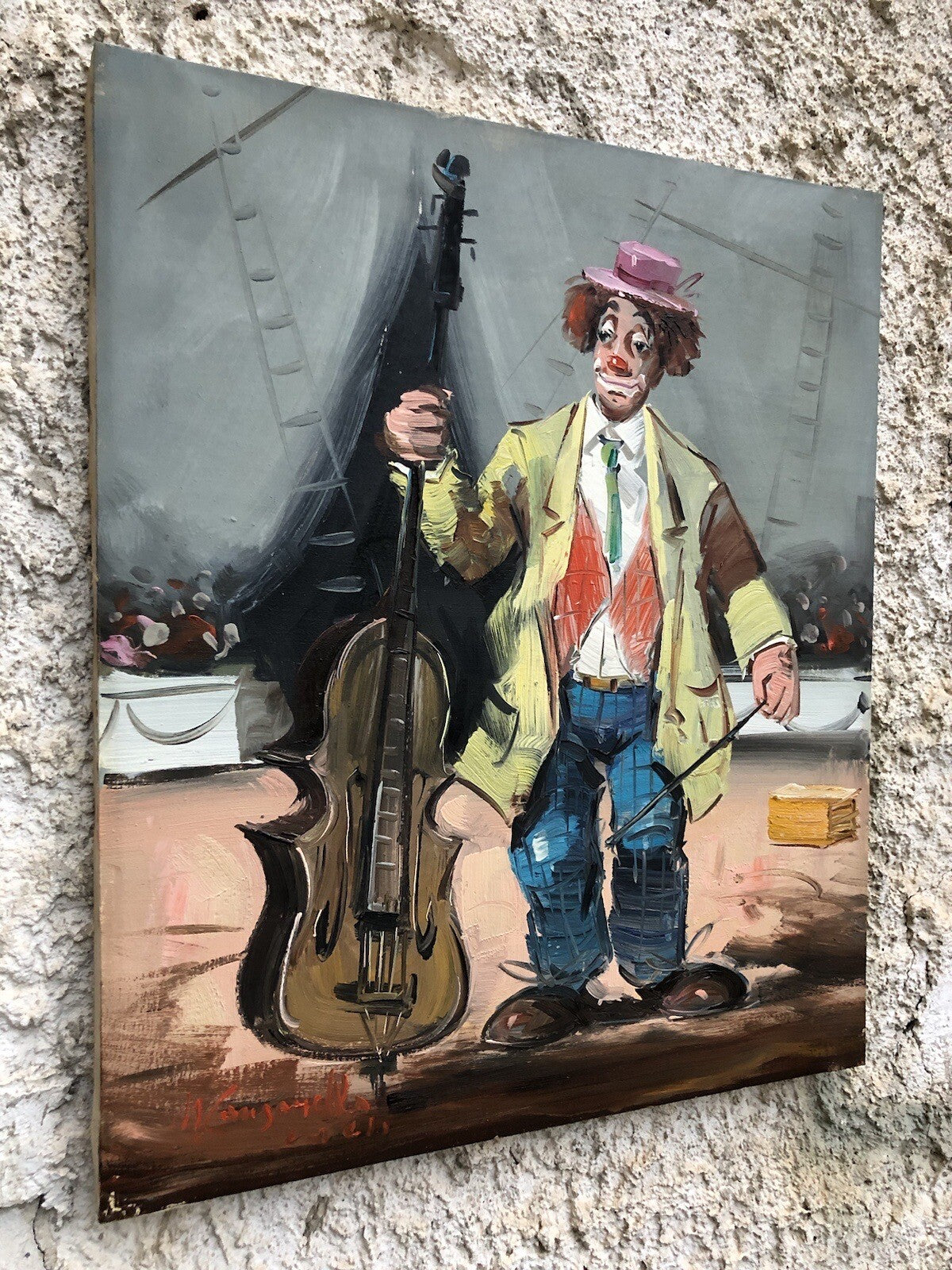 Quadro Vintage -Clown Al Circo- Dipinto A Olio Su Tela